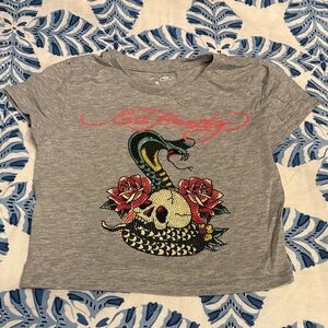 Ed Hardy Gray Tee with Snake and Skull Graphic